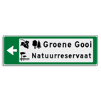 Verwijsbord KOKER Groen/wit/zwart - pijl links, 2 regelig met 3 pictogrammen - Klasse 3 reflecterend