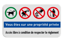 Panneau combiné - Propriété privée - Chien en laisse - Excréments de chiens interdit - Jet de détritus interdit