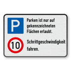 Kombinationsschilder - Betriebsgelände, Parken - Zulässige Höchstgeschwindigkeit 10 km/h