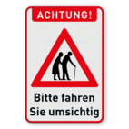 Warnschilder - ACHTUNG!, Ältere Menschen. Bitte fahren Sie umsichtig