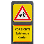 Pfosten aus Recyclingkunststoff mit 2 reflektierender Schilder - VORSICHT! Spielende Kinder