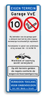 Toegangsbord voor eigen terrein met o.a. snelheid en toegang voor onbevoegden verboden