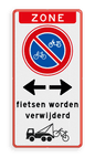 Parkeerbord zone geen bromfietsen plaatsen + RVV E03 met tekst en wegsleepregeling fietsen