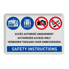 Veiligheidsbord 3 talig met 4 pictogrammen, eigen tekst en SAFETY INSTRUCTIONS