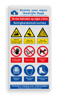 Veiligheidsbord met logo, veiligheidsinstructies en 9 pictogrammen