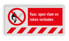 Verbodsbord P003 met tekst Vuur, open vlam en roken verboden