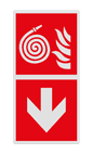 Brand bord met pictogram Brandslang met losse straalpijp en pijl
