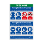 Veiligheidsbord voor werkplaats met PBM veiligheidsinstructies en 8 pictogrammen