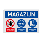 Veiligheidsbord voor magazijn met veiligheidsbril en schoenen verplicht