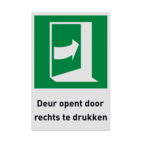 Nooduitgangbord met pictogram en tekst Deur opent door rechts te drukken