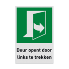 Nooduitgangbord met pictogram en tekst Deur opent door links te trekken