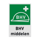Reddingsmiddelenbord met pictogram en tekst BHV middelen, post en helm