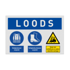 Veiligheidsbord voor loods met veiligheidsvest en schoenen verplicht, waarschuwing vorkheftrucks