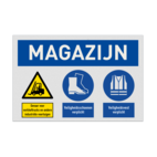 Veiligheidsbord voor magazijn met pictogram veiligheidsvest en schoenen verplicht