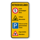 Kombinationsschilder - BETRIEBSGELÄNDE, Schrittgeschwindigkeit, Werksverkehr, Parken, Winterdienst