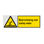 Veiligheidsbord met pictogram en tekst Waarschuwing voor ondiep water