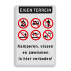 Informatiebord eigen terrein - Camperen en zwemmen verboden - reflecterend