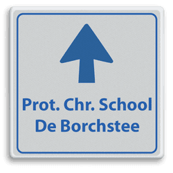 Routebord voor school met tekst en pijl