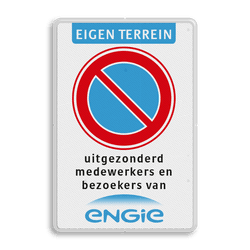 Parkeerverbodsbord met pictogram en tekst in huisstijl