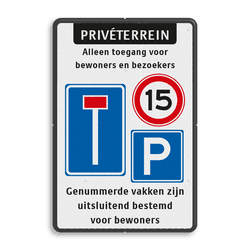 Entreebord voor Privéterrein met doodlopende weg, snelheid e.d.