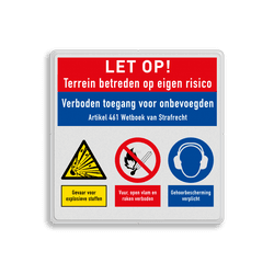 Veiligheidsbord voor terrein met verboden toegang voor onbevoegden en met 3 pictogrammen