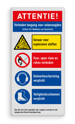 Veiligheidsbord met ATTENTIE verboden toegang onbevoegden en met 4 pictogrammen