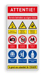 Veiligheidsbord Attentie voor betreden van terrein met 9 pictogrammen
