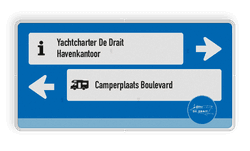 Routebord met pictogrammen, tekst en pijlen in huisstijl
