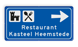 Blauw routebord op maat met tekst en 2 pictogrammen