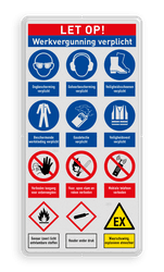 Veiligheidsbord voor betreden terrein met werkvergunning en 12 verschillende pictogrammen