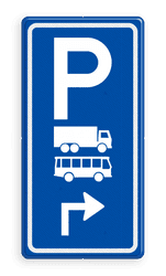 Parkeerroutebord E8a vrachtwagens en bussen met pijl