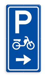 Parkeerroutebord E8e bromfietsen met pijl