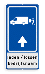Parkeerroutebord E8p laden en lossen busje met pijl en bedrijfsnaam