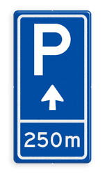 Parkeerbord BW201 met aanpasbare pijl en afstandsaanduiding