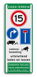 Verkeersbord eigen terrein met diverse symbolen & teksten