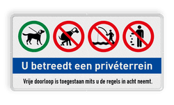 Verkeersbord privéterrein - honden aan de lijn - niet uitlaten - niet vissen - afval opruimen