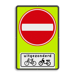 Verkeersbord RVV C02OB54f - Eenrichtingsweg met uitzondering - fluor achtergrond