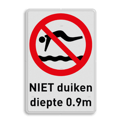 Verbodsbord met tekst en symbool verboden te duiken i.v.m. ondiep water
