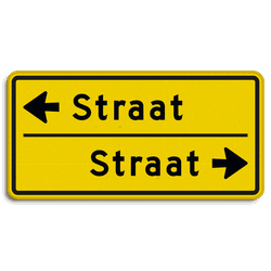 Straatnaambord geel 10 karakters 600x300 mm 2 regelig met pijl NEN 1772