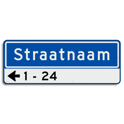 Straatnaambord 11 karakters 800x300mm 1 regelig + pijl en huisnummers NEN 1772