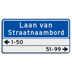 Straatnaambord 28 karakters 800x400mm 2 regelig + huisnummers NEN 1772