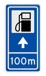 Verkeersbord RVV BW101Sp10 - Pompstation met aanpasbare pijlrichting en afstandsaanduiding