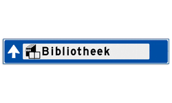 Verwijsbord object (blauw) - met 1 pictogram, 1 regel tekst en pijl