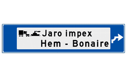 Verwijsbord object (blauw) - met 2 pictogrammen, 2 regel tekst en pijl