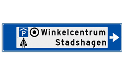 Verwijsbord object (blauw) - met 3 pictogrammen, 2 regel tekst en pijl