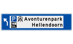 Verwijsbord object (blauw) - met 3 pictogrammen, 2 regel tekst en pijl