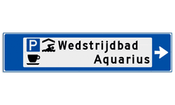 Verwijsbord object (blauw) - met 3 pictogrammen, 2 regel tekst en pijl