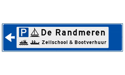 Verwijsbord object (blauw) - met 2 pictogrammen, 2 regel tekst en pijl