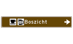 Verwijsbord toeristisch (bruin) - met 2 pictogrammen, 1 regel tekst en pijl