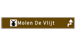 Verwijsbord toeristisch (bruin) - met 1 pictogram, 2 regels tekst en pijl